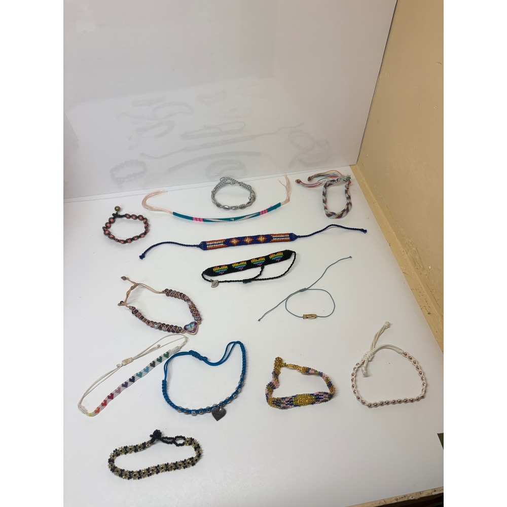 Lot of 13 Woven Friendship Bracelets Boho Beaded Macrame Rainbow Heart Joy